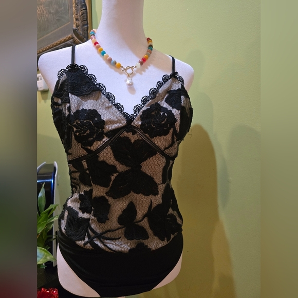Lulus Tops - Lulu's Black and Cream Embellished Bustier Bodysuit